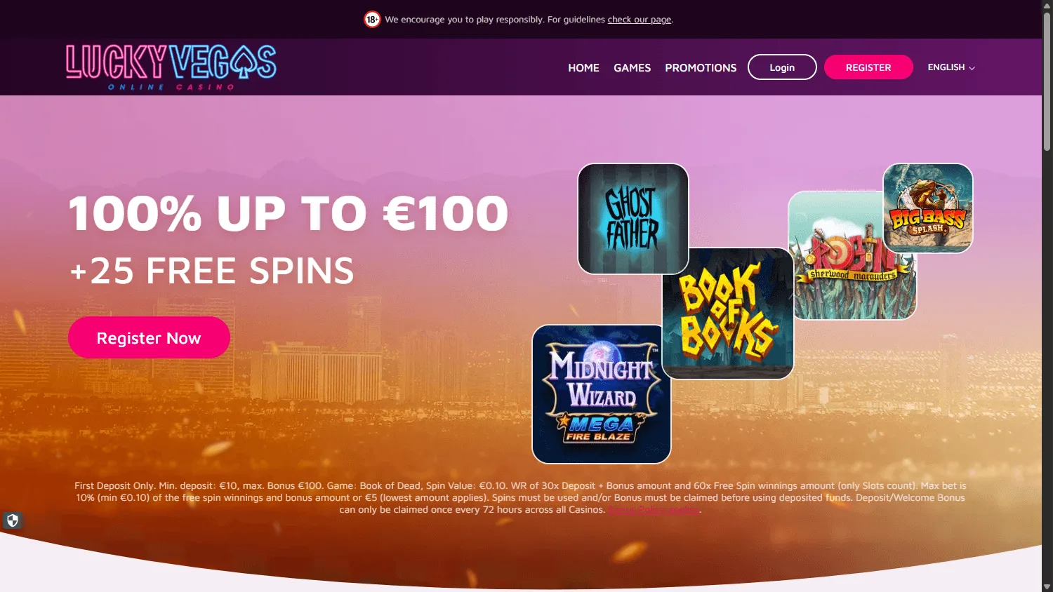 Lucky Vegas desktop casino home with welcome offer and casino information