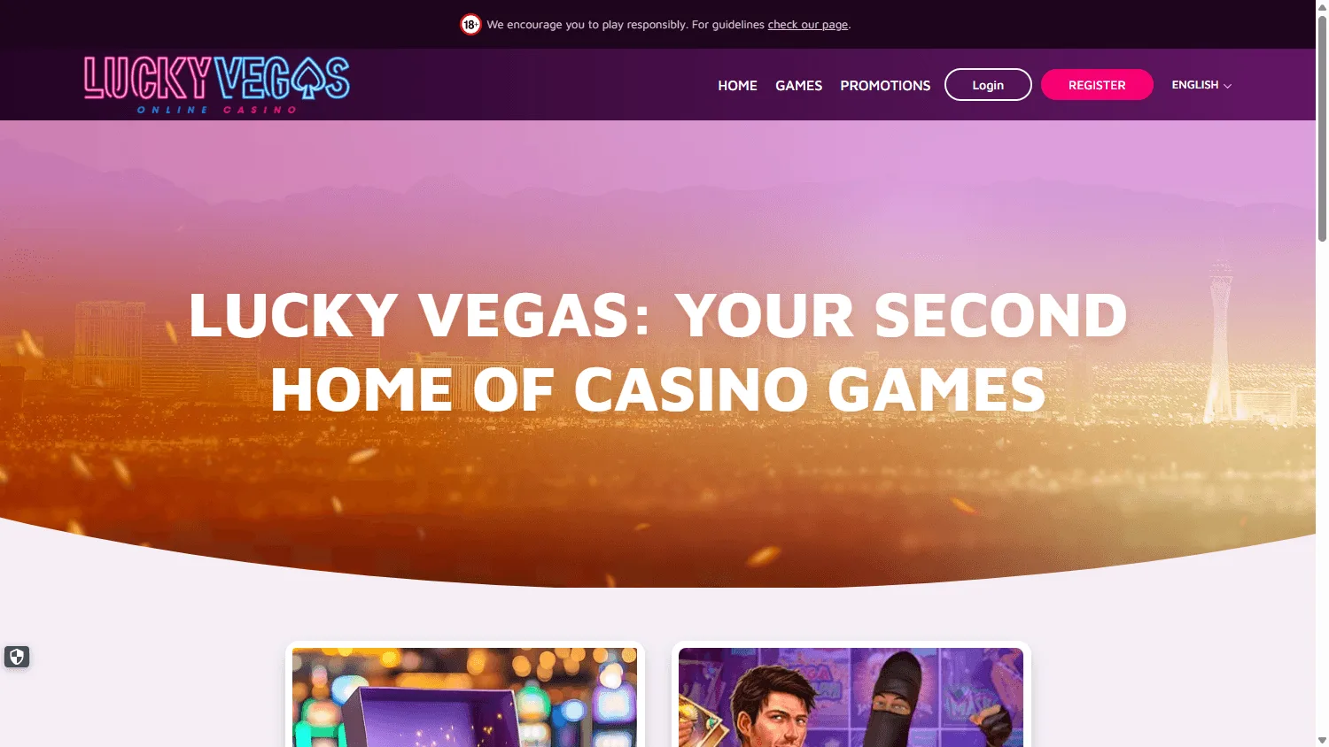 Lucky Vegas desktop promotions area with welcome offer and daily promotions