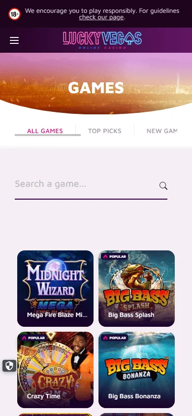 Lucky Vegas mobile games area with casino categories