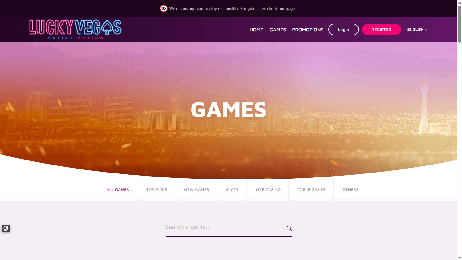 Lucky Vegas desktop games area with casino categories and game titles