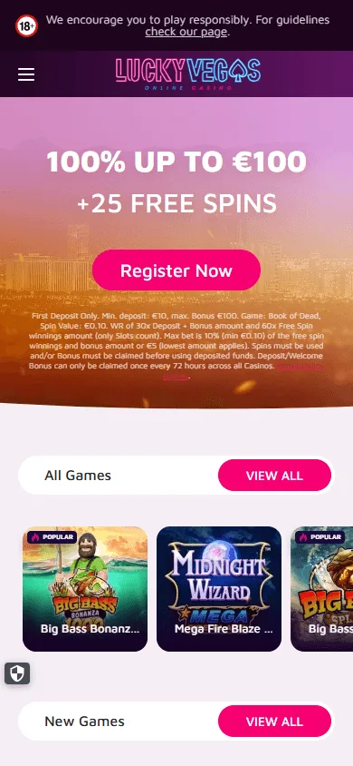 Lucky Vegas mobile casino home with account and casino access